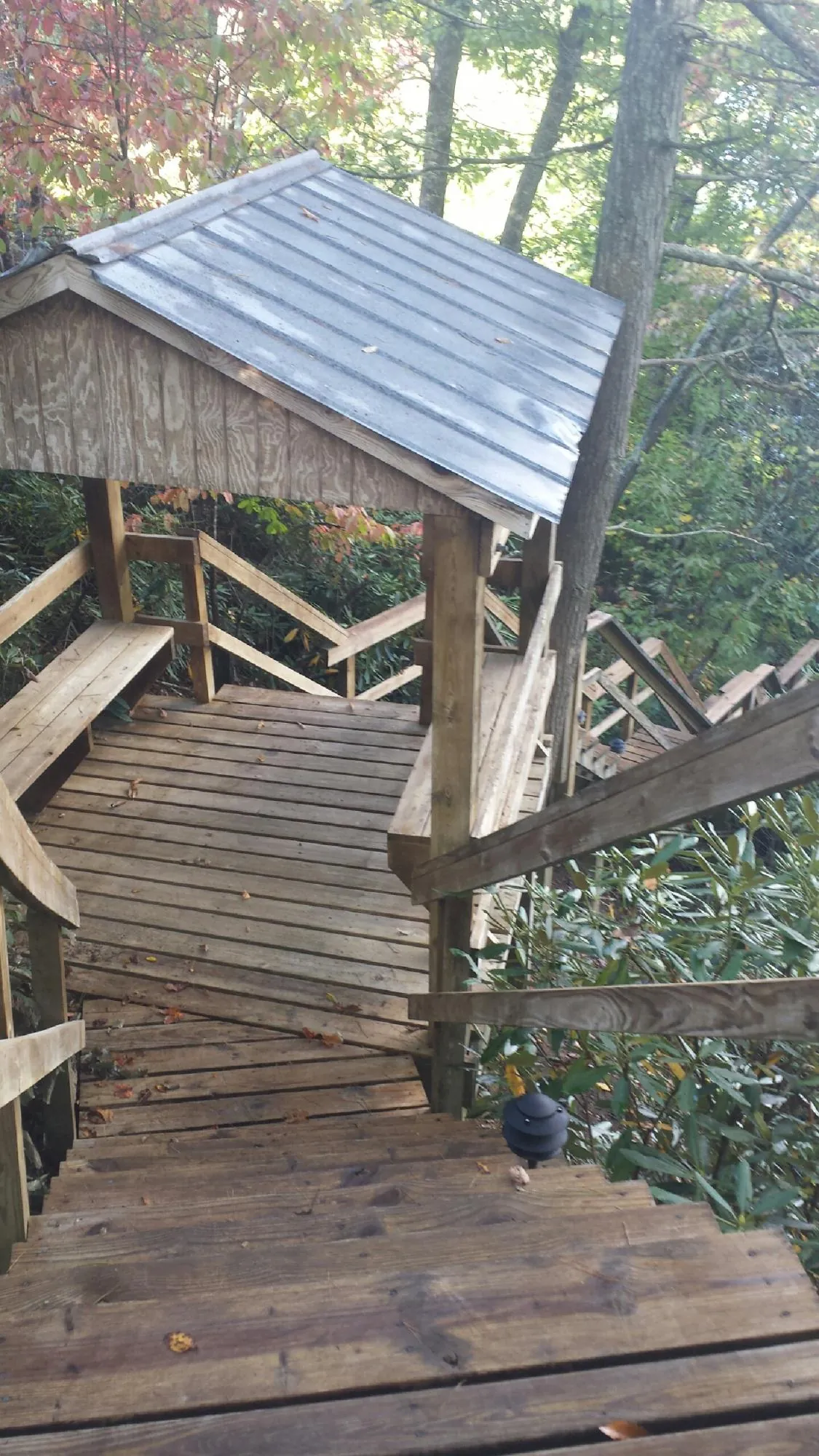 Metal roofed shelter over wooden steps on a wooded walkway — Skylight Repair & Installation work by our crew in Tilghman